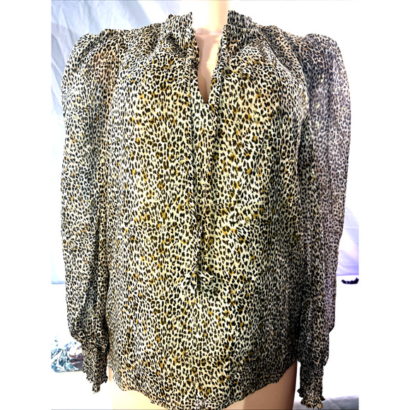 CeCe Woman's Blouse Sz M Leopard Gold Accents Ruffel Keyhole Neck Sheer Sheel - Picture 1 of 16
